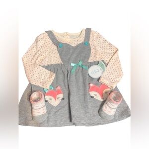 annette Baby Girl's 2-Piece Fox Jumper Dress & Socks Set - Size 9/12M - NWT